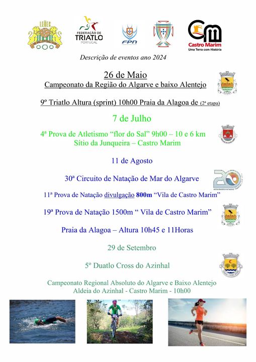 Este ano vamos organizar em várias localidades do concelho de Castro Marim provas nas modalidades de Triatlo, Atletismo, Natação de Mar e Duatlo
, duatlo